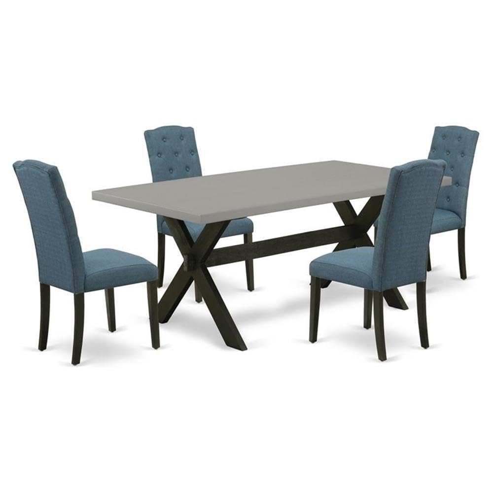 East West Furniture X697Ce121-5 5 Piece Dining Table Set Includes A Rectangle Dining Room Table With X-Legs And 4 Mineral Blue Linen Fabric Parsons Chairs, 40X72 Inch, Multi-Color